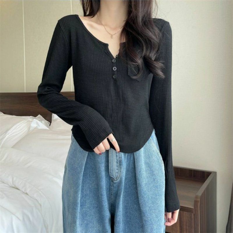 Áo Thun Nữ Tay Dài Hàn Quốc Cổ Rộng Nữ Tính Thời Trang