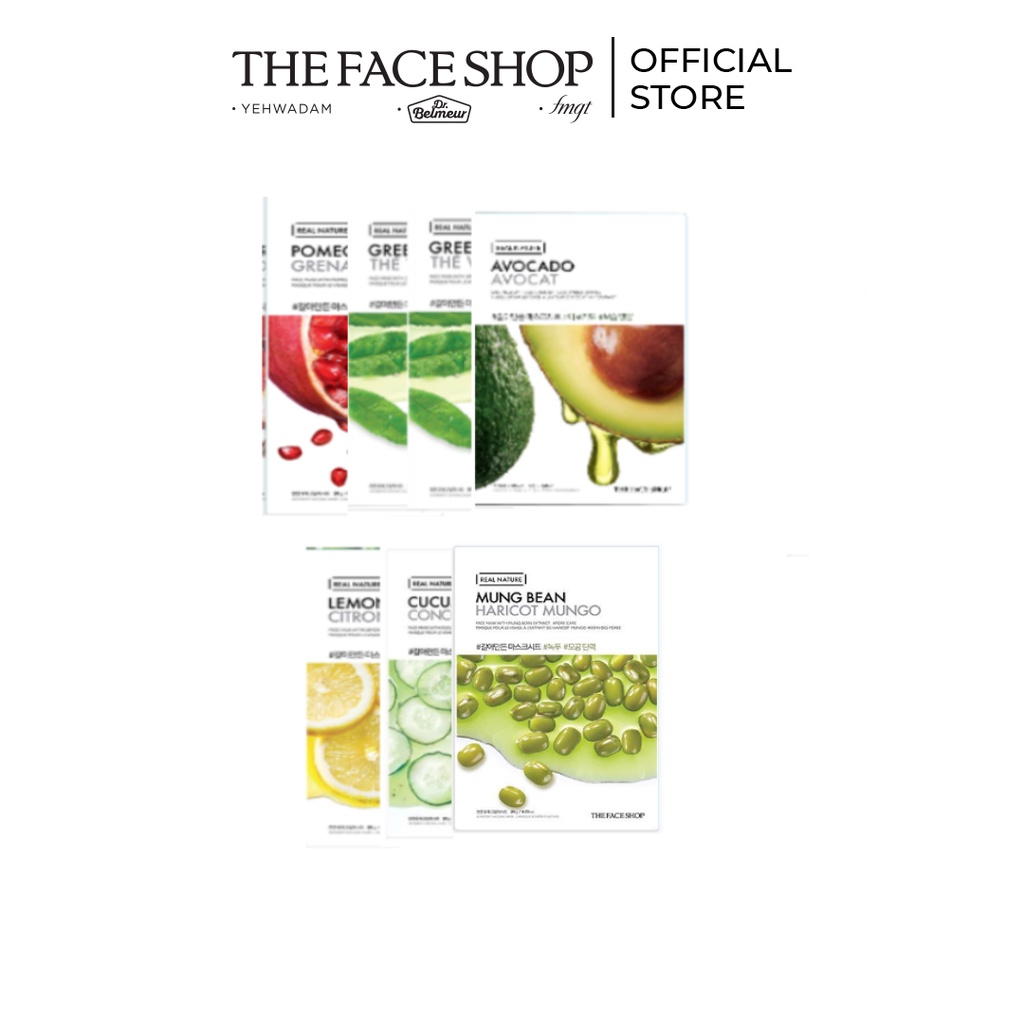 Combo 7 Miếng Mặt Nạ Giấy TheFaceShop Real Nature (trà xanh,bơ,lựu,chanh,dưa leo,oliu) 7x20g