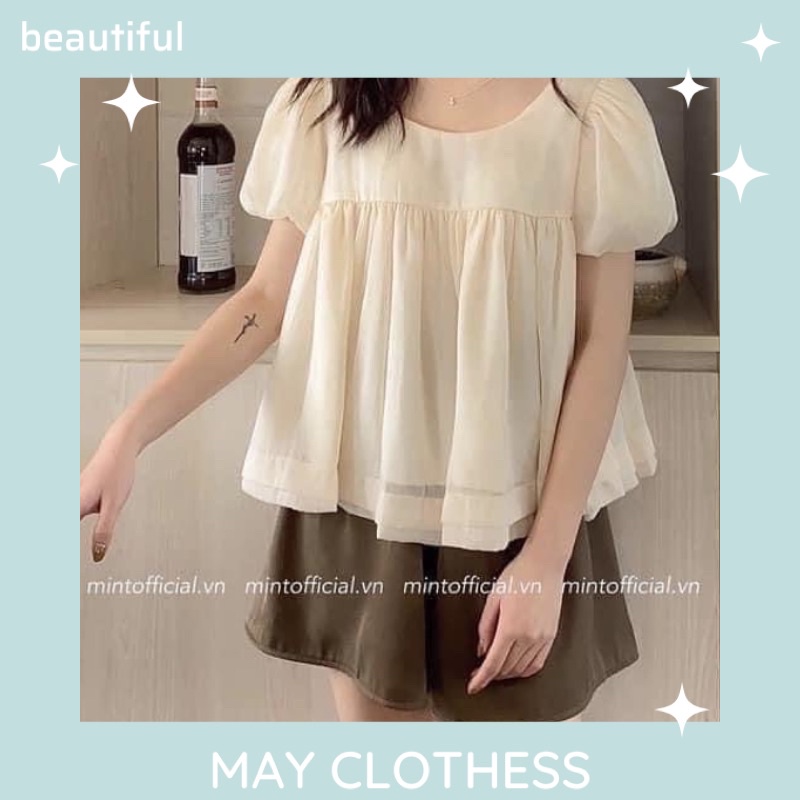 Set Đồ Nữ, Set Áo Sơ Mi Voan Tay Bồng Thắt Nơ Sau Mix Quần Sooc Siêu Xinh