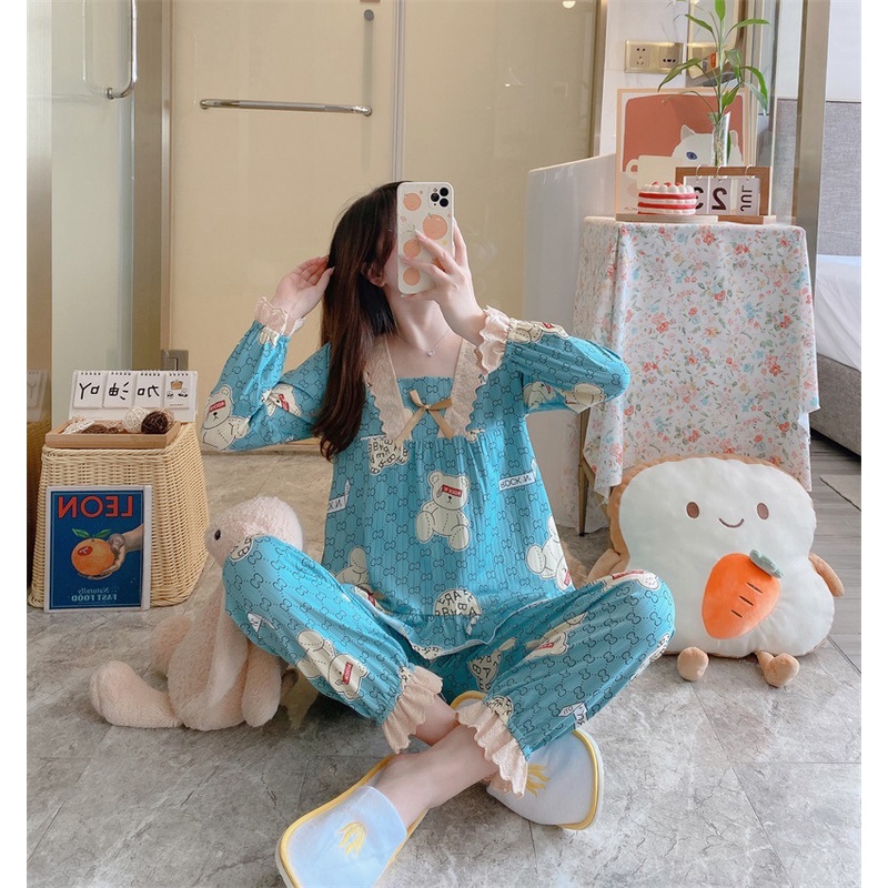 Bộ ngủ dài tay pijama nữ chất cotton cao cấp dễ thương DT88