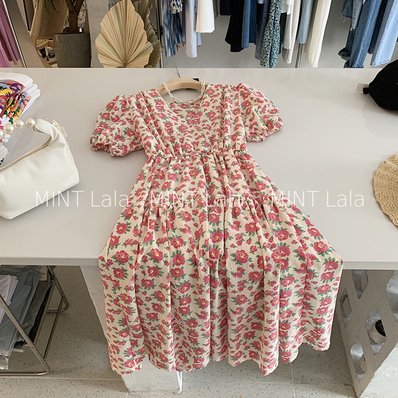 Váy Đầm BabyDoll Hoa Tay Bồng Nhún Eo Nữ - Hàng Quảng Châu