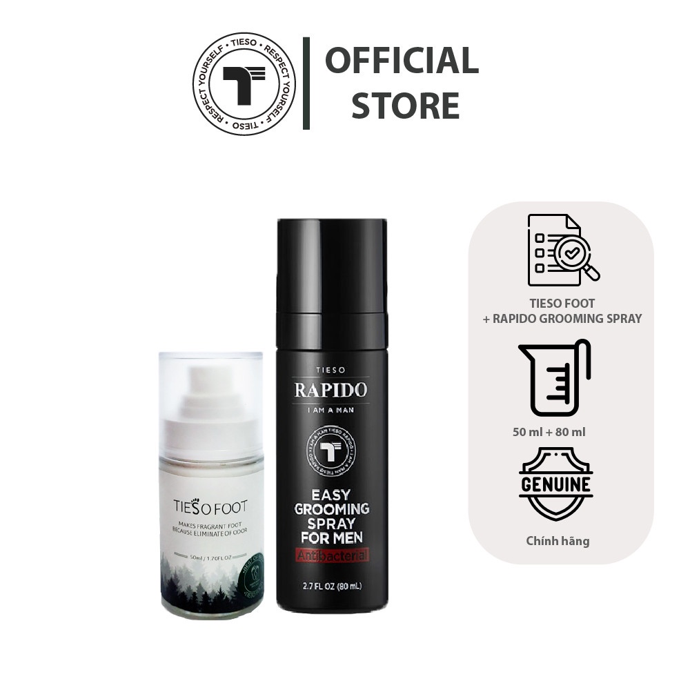 [Tặng sample Tieso Cleanser 20ml+Soothing 20ml] Combo Tieso Xịt khử mùi hôi chân 50ml + Xịt khử khuẩn vùng râu body 80ml