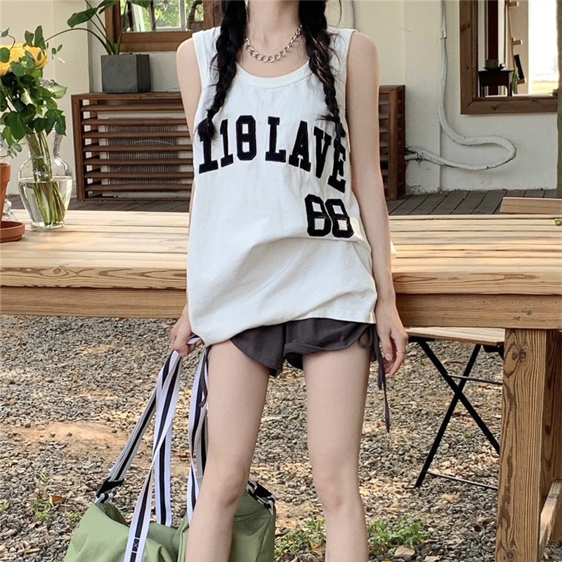 Áo thun ba lỗ SUXI dáng rộng in chữ đơn giản phong cách thể thao thời trang mùa hè cho nữ