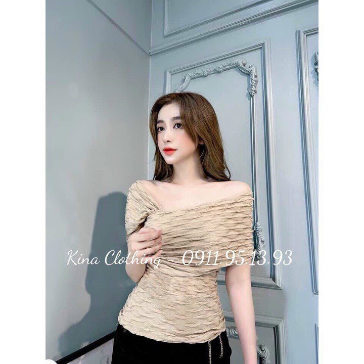 Áo kiểu bẹt trễ vai thun xốp nổi xinh MK