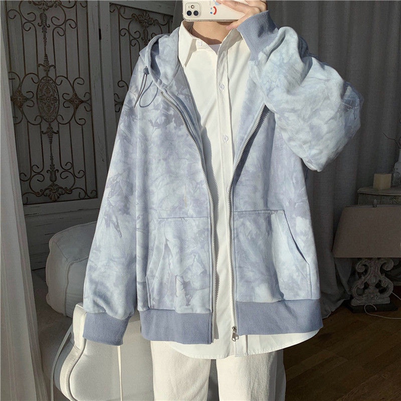 Áo khoác IELGY tay dài dáng rộng màu nhuộm phối khóa kéo thời trang cho cả nam và nữ