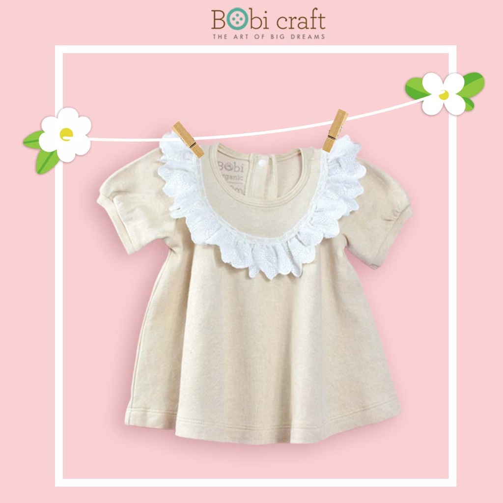 Áo đầm phối ren viền tròn bé gái xinh xắn Bobi Craft - Cotton hữu cơ organic an toàn