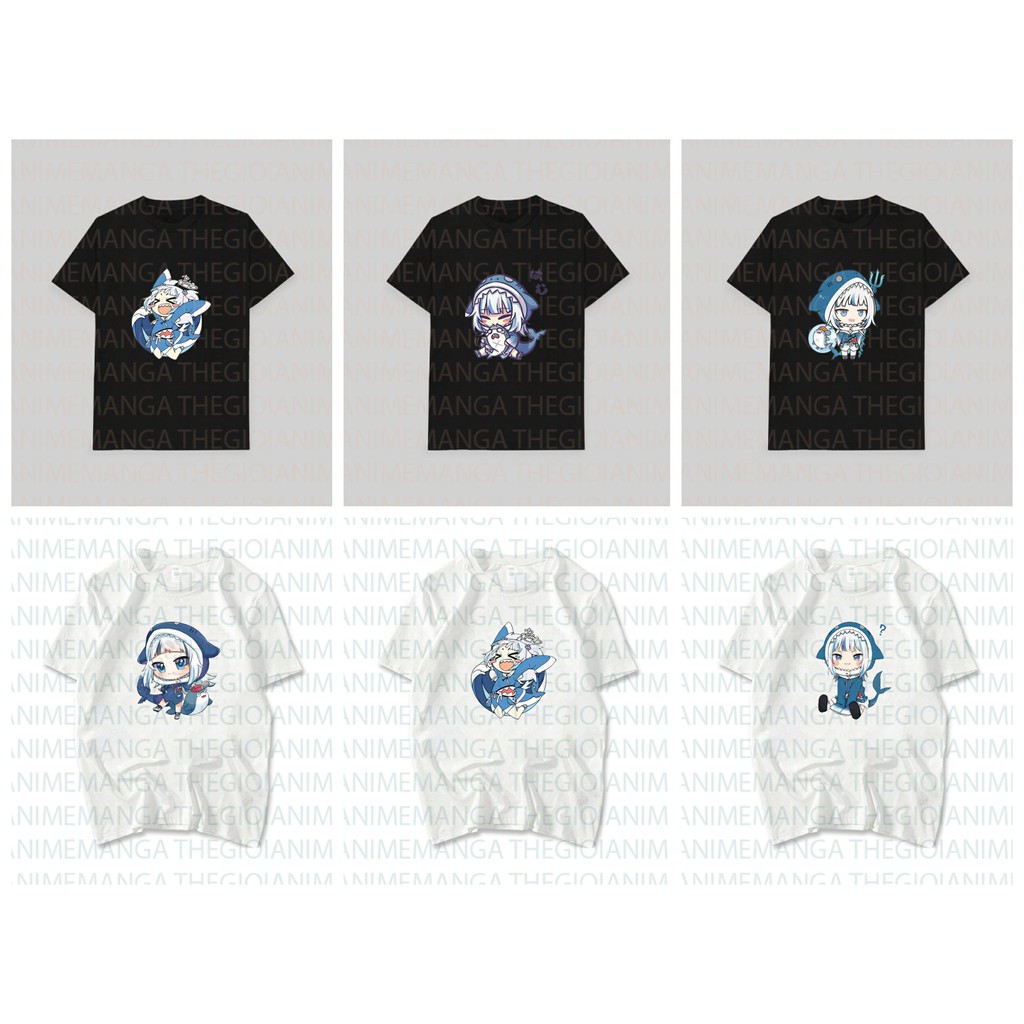Áo thun phông đen trắng in hình GAWR GURA Hololive Vtuber thời trang xinh xắn cá tính anime chibi