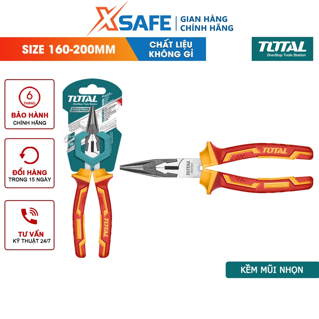 Kìm mũi nhọn mỏ dài cách điện TOTAL size 6inch 8inch thép Cr-V chống rỉ sét cong vênh, cách điện 1000V - chính hãng