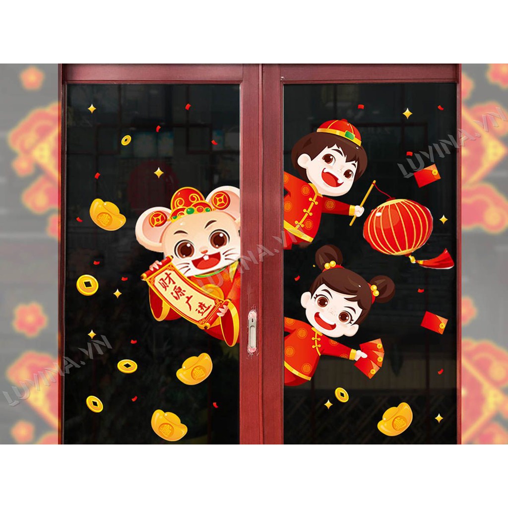 Decal dán tường LUVINA trang trí tết- chuột thần tài ngó cửa