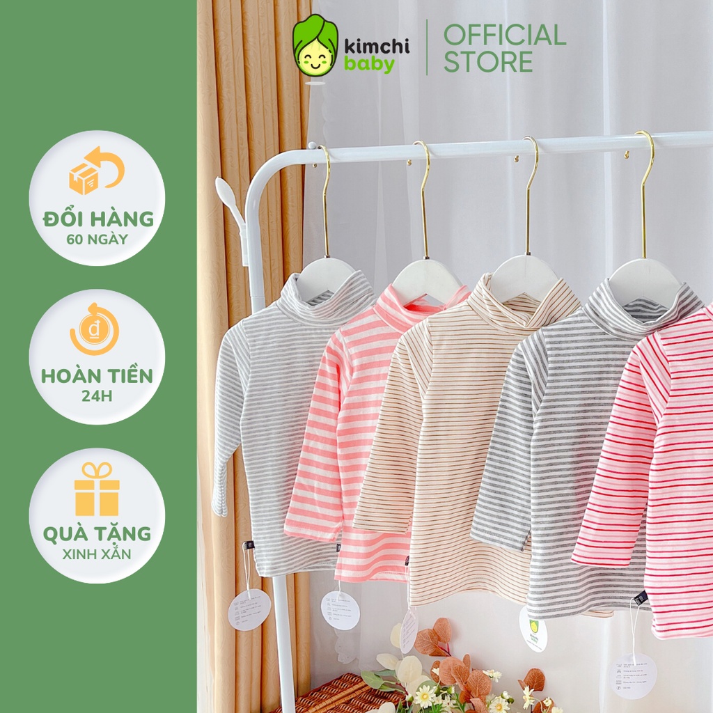 Áo Dài Tay Bé Gái, Bé Trai KIMCHIBABY Vải Thun Gân Cổ Cao 5P Kẻ Sọc, Áo Thun Cho Bé Mặc Nhà Thu Đông KCAD2201
