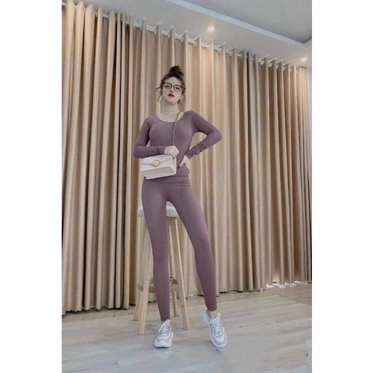 Set len tăm giữ nhiệt body tôn dáng, bộ ngủ len tăm dài tay co giãn 4 chiều siêu dày dặn