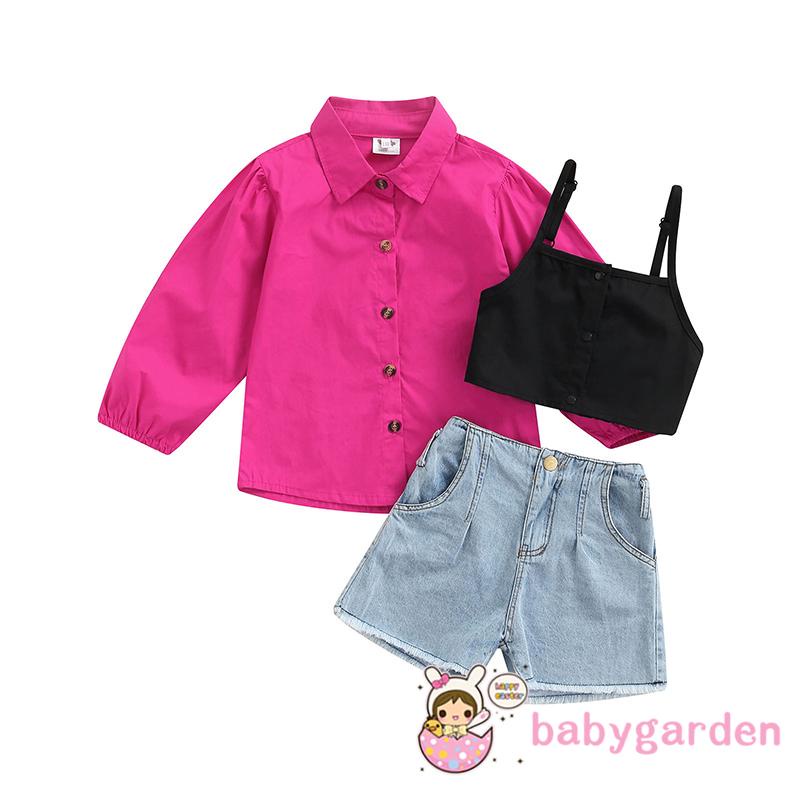 Set áo sơ mi tay dài + áo hai dây + quần short lưng cao cài nút thời trang thoải mái cho bé gái
