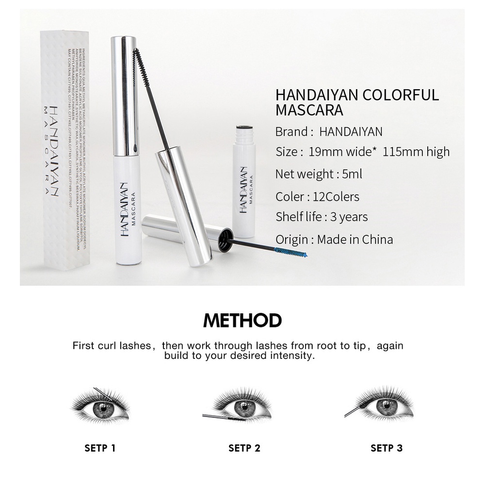 Mascara HANDAIYAN Chuốt Mi Chống Thấm Nước Làm Dài Và Cong Mi 12 Màu Sang Trọng, Cá Tính F19