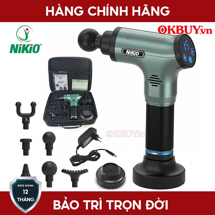 Súng massage gun trị đau nhức căng cơ cao cấp NIKIO NK-172 - 110W, xanh rêu