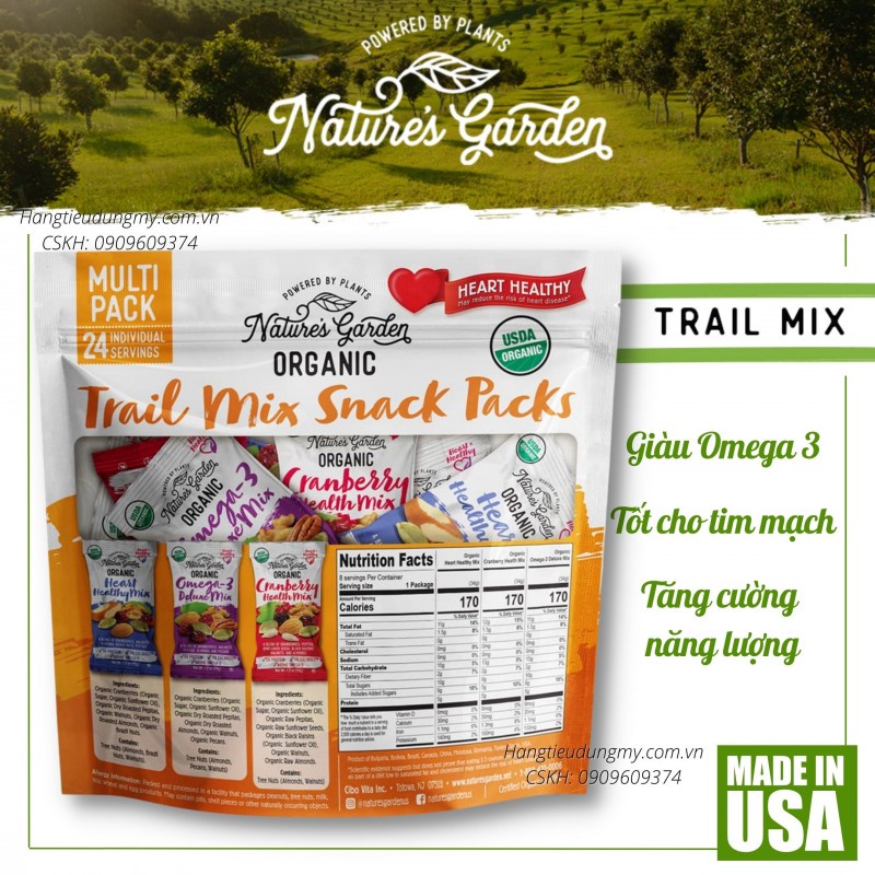 Hạt hữu cơ sấy khô Nature's Garden Organic Trail Mix 816g|Tăng cường năng lượng, Tốt cho tim mạch, Giàu Omega