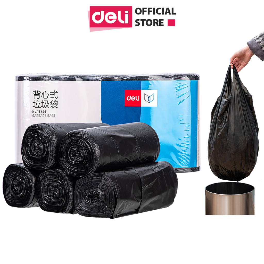 Túi đựng rác đen có quai xách Deli - Chất liệu HDPE dày dặn, dai chống giãn, rách, hạn chế rò rỉ - 3/5 cuộn -18745/18746