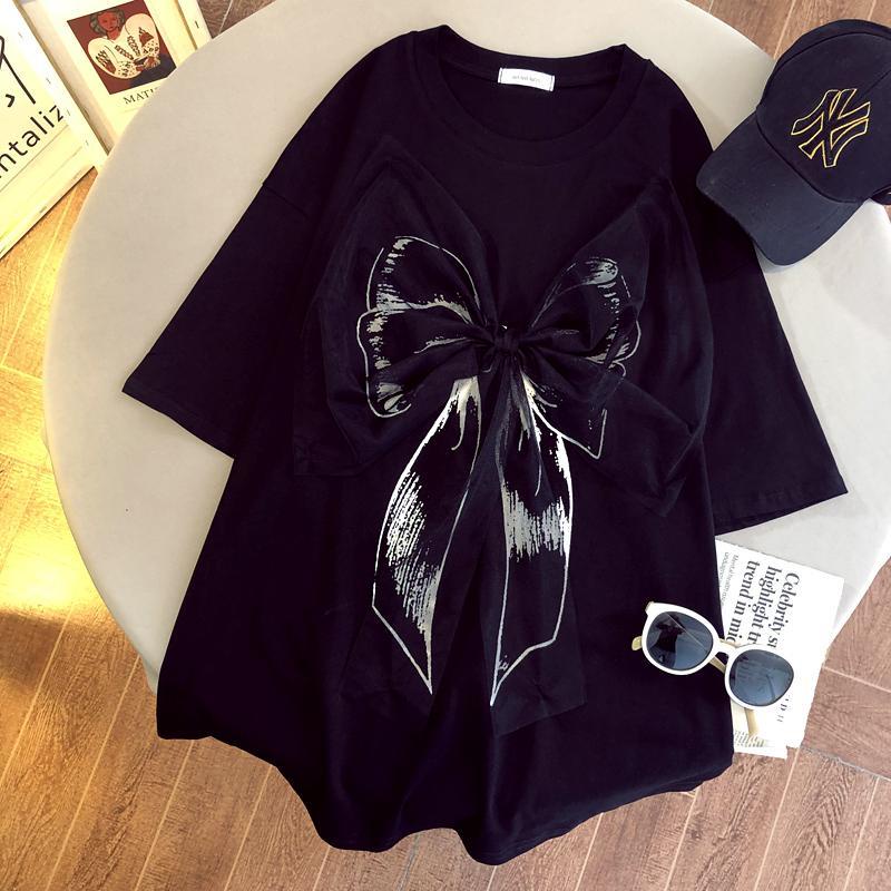 Áo thun ngắn tay dáng rộng đính nơ phong cách Hàn Quốc thời trang hè xinh xắn cho nữ