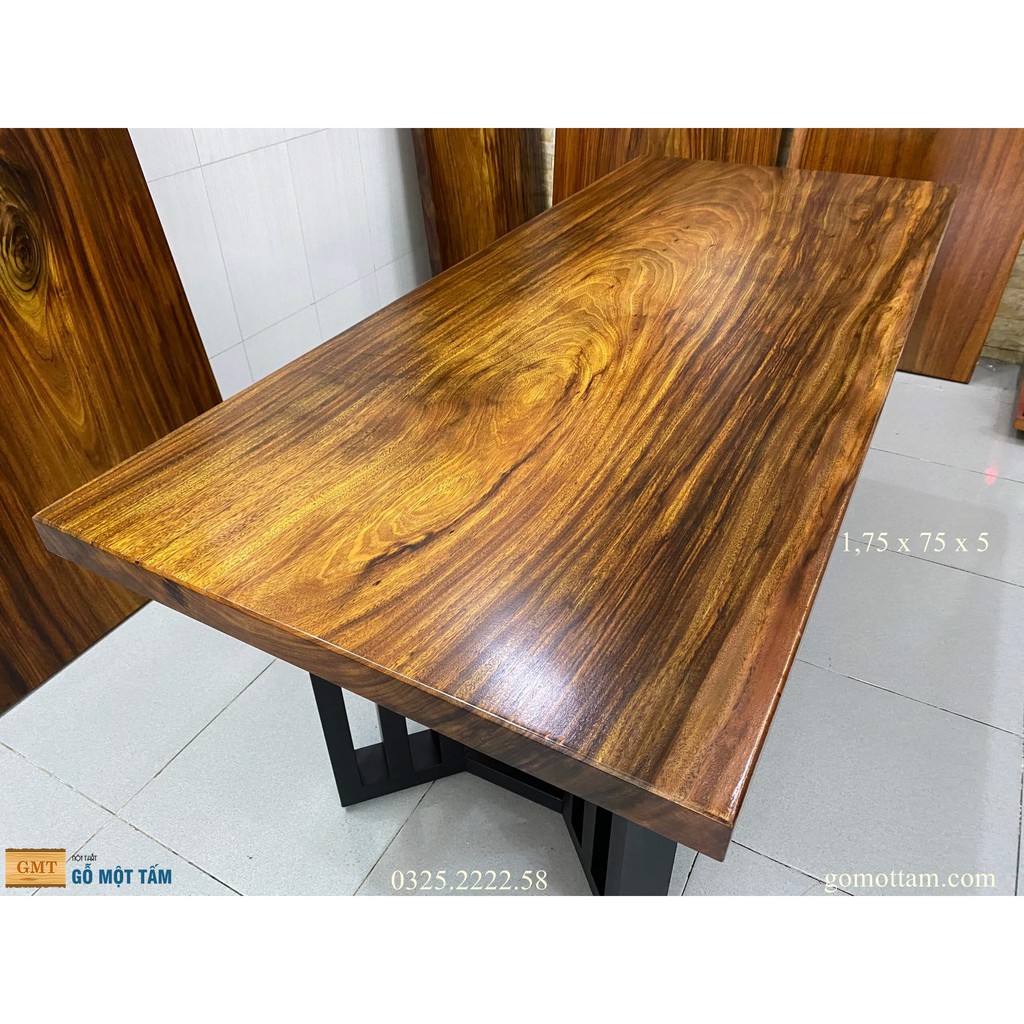 Bàn gỗ me tây nguyên tấm cho 6 ghế dài 1,75m x rộng 75cm x dầy 5cm