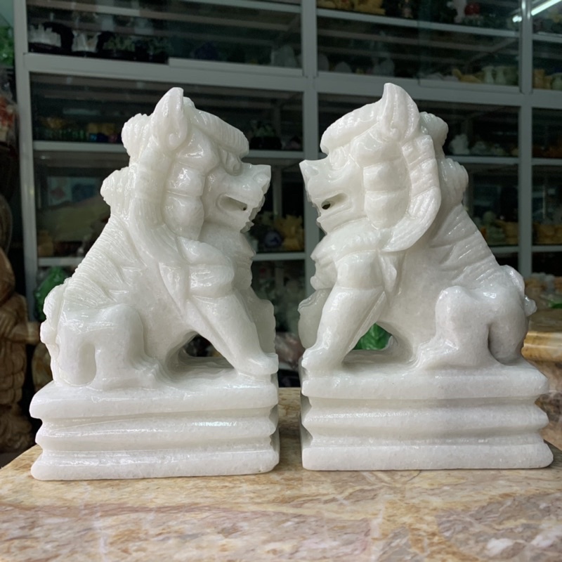 Cặp Kỳ Lân Đá Cẩm Thạch Trắng - cao 20cm