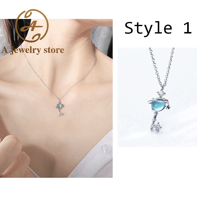 Sweet Little Fresh Artificial Blue Glaze Fantasy Planet Necklace Universe Aurora Starry Sky Clavicle Chain Jewelry Accessories