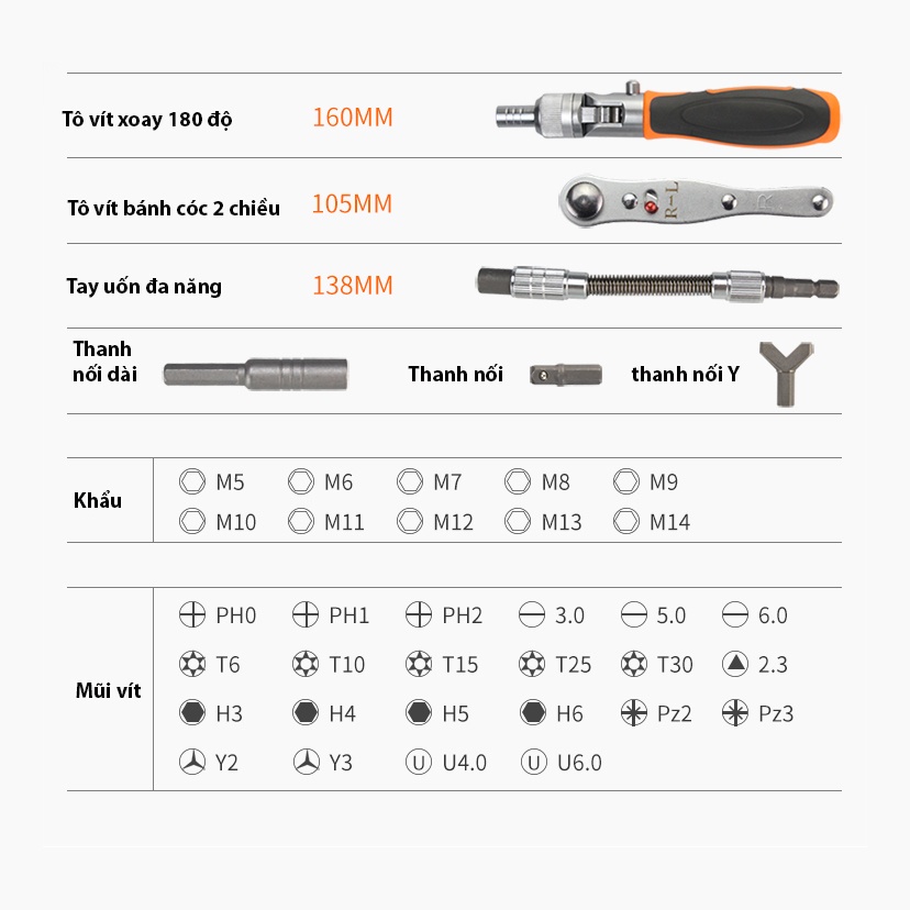 Bộ tô vít 38 chi tiết có tô vít quay 180 độ, tay vặn bánh cóc 35 mũi vít các loại hàng cao cấp