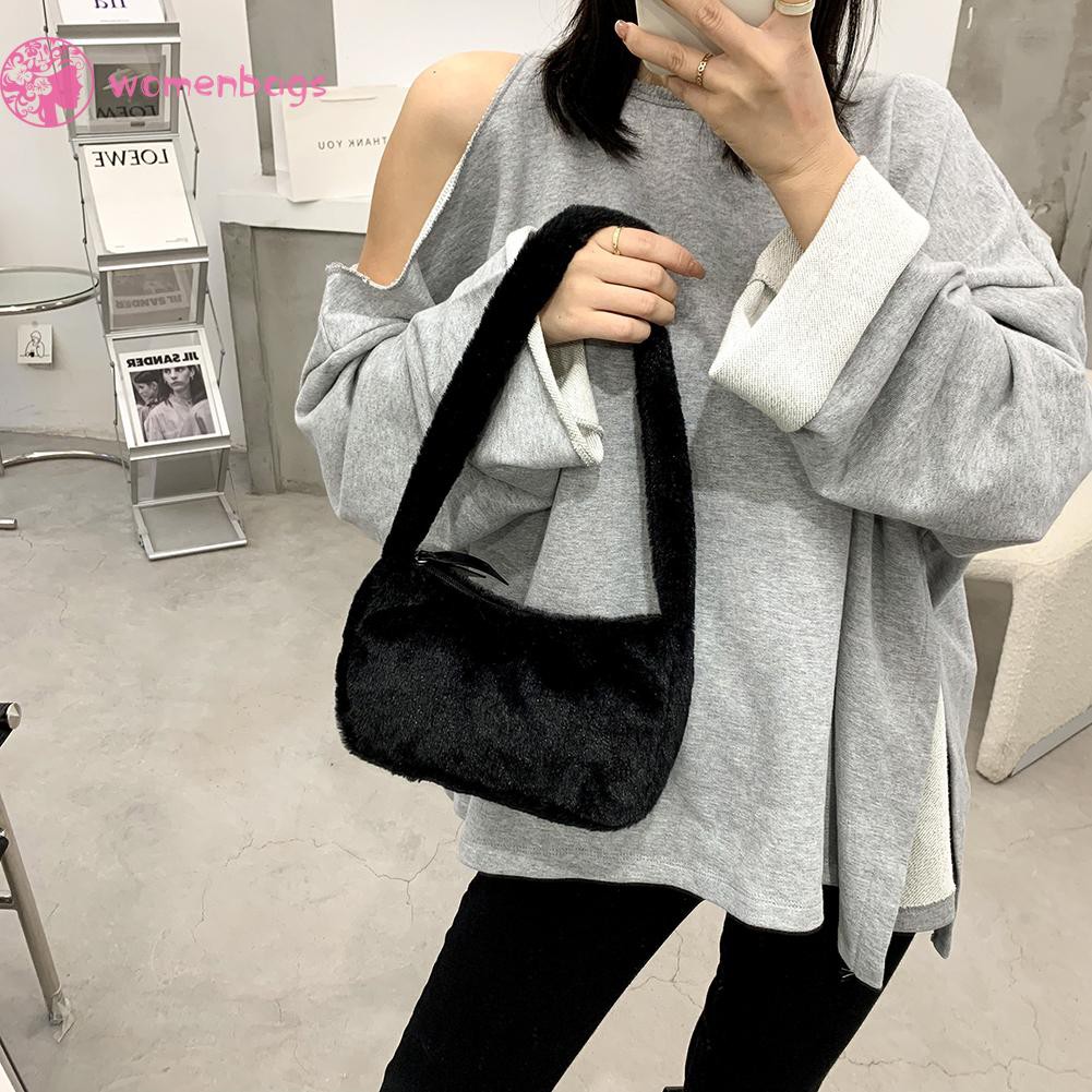Túi đeo vai bằng vải lông màu trơn phong cách retro cho nữ