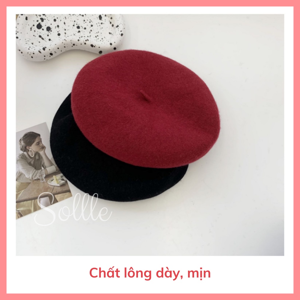 Mũ nồi beret dạ lông thỏ siêu mịn có dây rút phong cách Hàn Quốc Sollle M01R