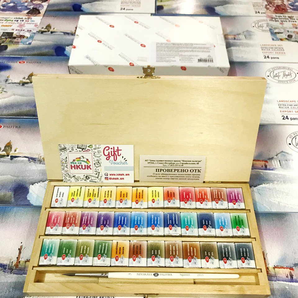 Màu nước White Nights Nevskaya Watercolours Set Wooden Box 24 /36 (hộp gỗ màu nhạt, nắp thẳng)