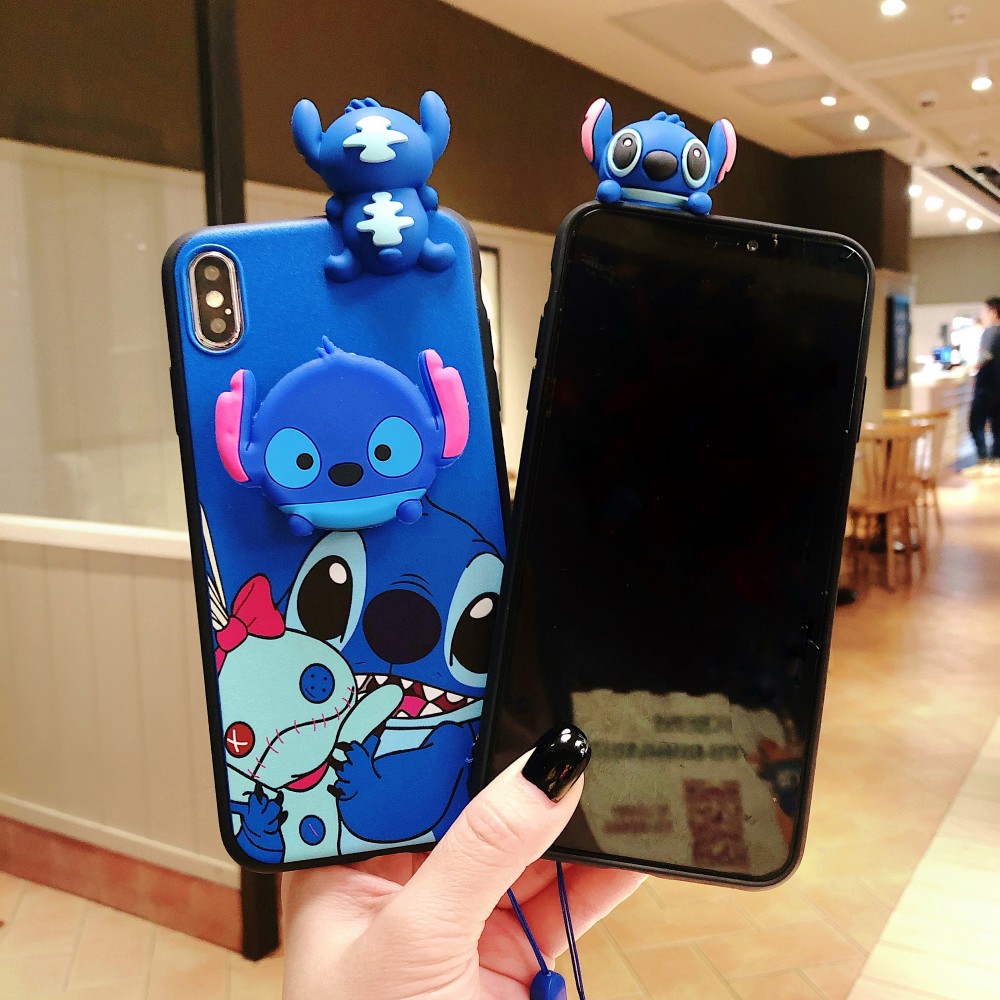 Cute Blue Stitch Soft TPU Phone Case for Samsung Galaxy A71 A51 A70 A50 A30 A20 A50s A30s A20s A10s A21s A01 S20 S10 S9 S8 Plus 3D Japanese Cartoon Bracket Lanyard Cover