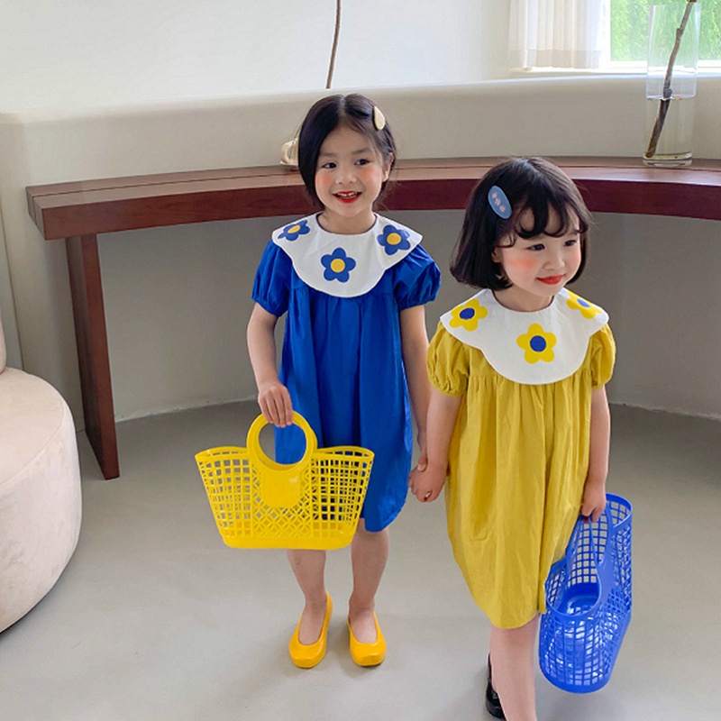 Đầm Công Chúa Tay Phồng Cổ Bẻ In Họa Tiết Hoa Dễ Thương Thời Trang Mùa Hè Cho Bé Gái