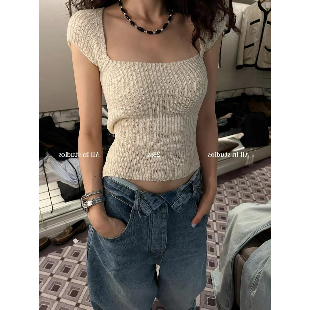 qkoole   Áo Dệt Kim Ngắn Tay Cổ Vuông Thời Trang Hàn Quốc Cho Nữ