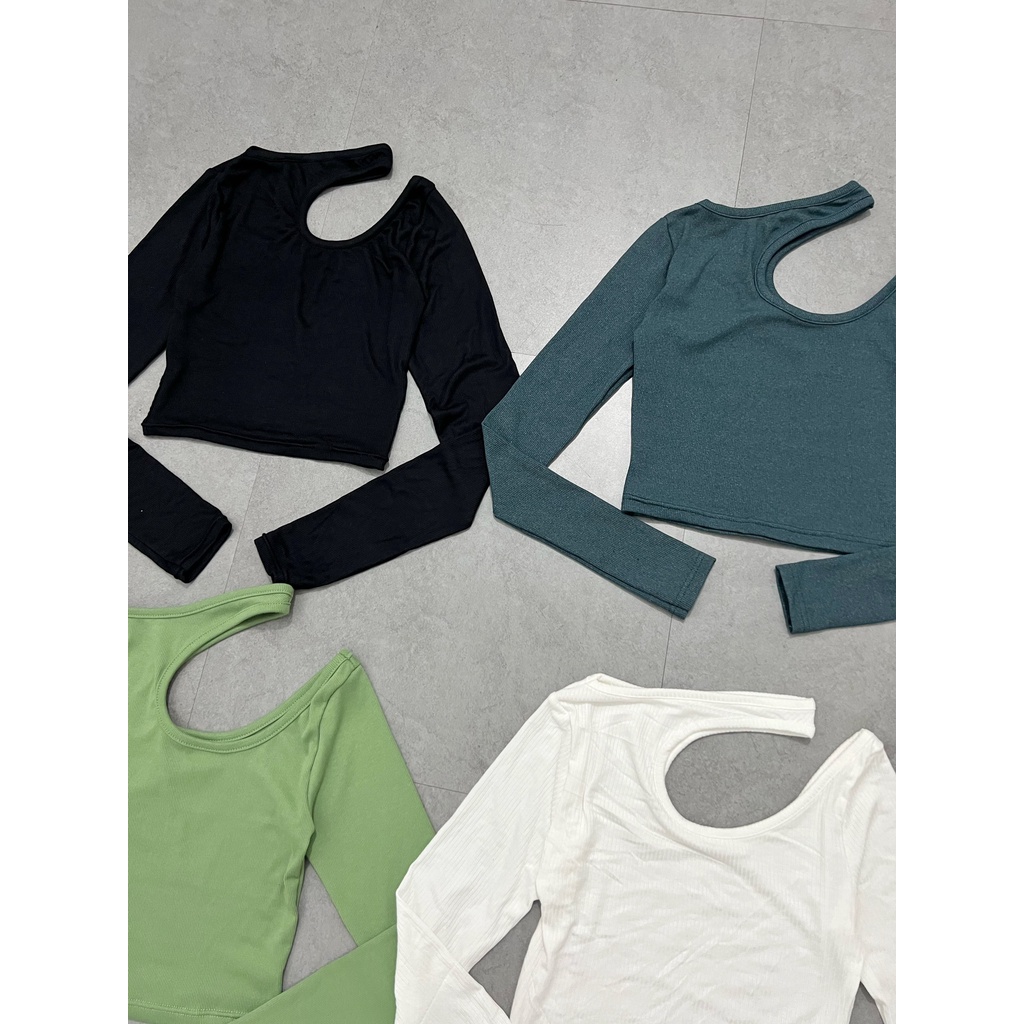 Áo croptop nữ tay dài HHVINTAGE kiểu cắt bên vai thun co giãn Top A36