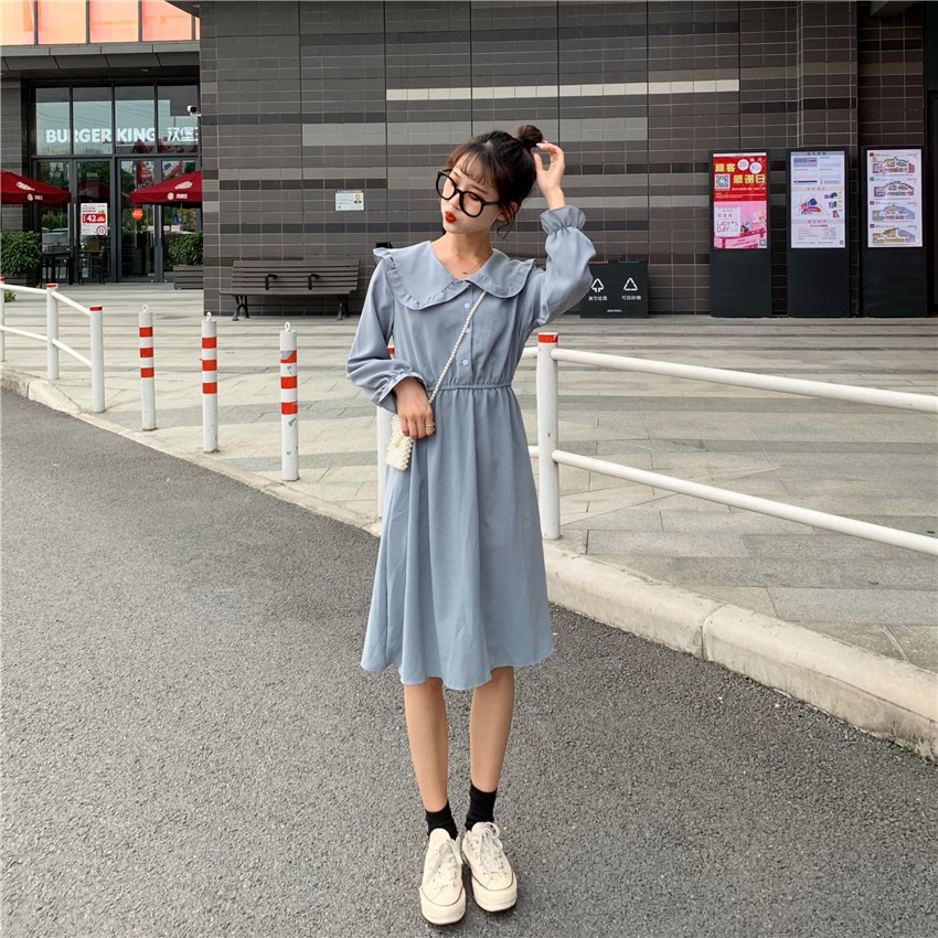🌸Xả Có Hạn🌸Đầm Xanh Tay Dài Phối Cúc Xinh Xắn Theo Phong Cách Hàn Quốc