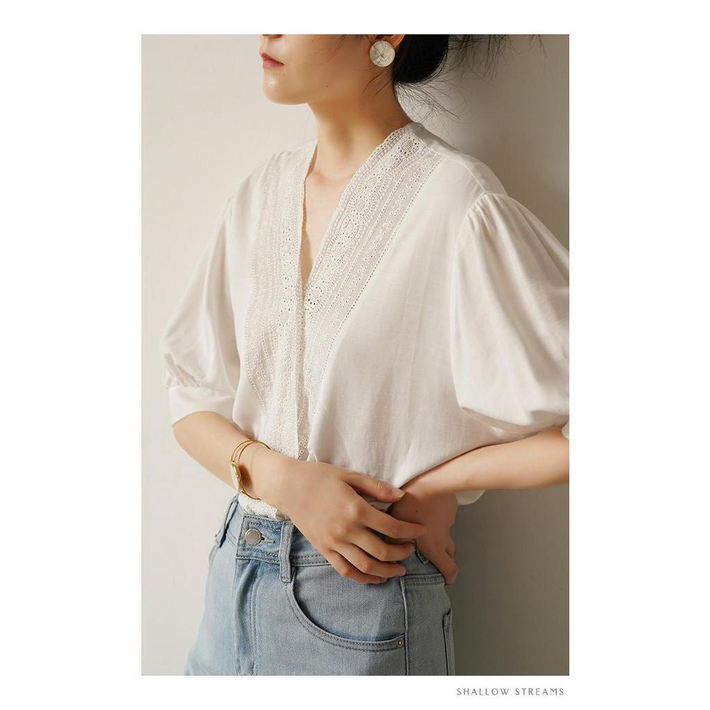 Áo Sơ Mi Trắng Tay Ngắn Cổ Chữ v Phối Ren Đơn Giản Dành Cho Nữ 63674