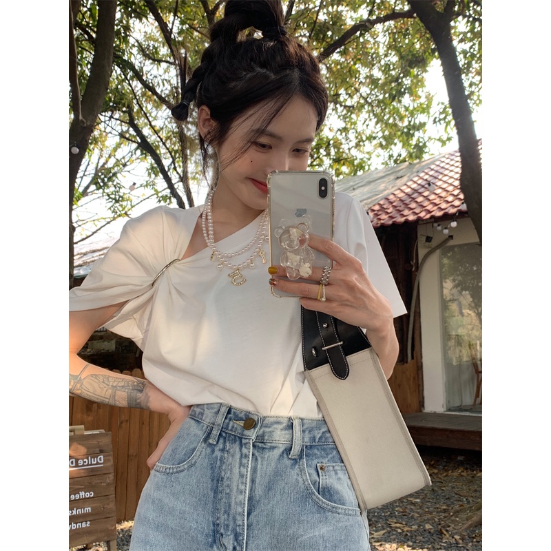 QADCOL Áo Thun Dáng Rộng In Chữ Phối Khóa Kim Loại Thời Trang Cho Nữ