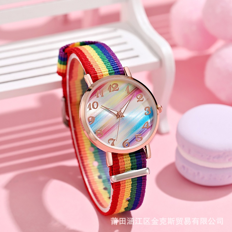 Đồng Hồ Đeo Tay Dây Vải Màu Cầu Vồng Thời Trang Trẻ Trung Cho Nữ