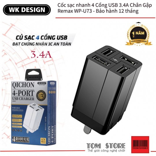 [FREESHIP] CỐC SẠC REMAX RP-U43 4 CỔNG USB MAX 3.4A ĐA NĂNG