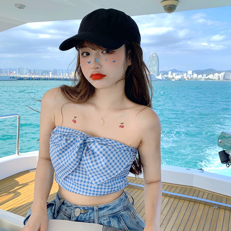 Áo Croptop Sát Nách Kẻ Sọc Ca Rô Thắt Nơ To Phong Cách Hàn Quốc Quyến Rũ Cho Nữ