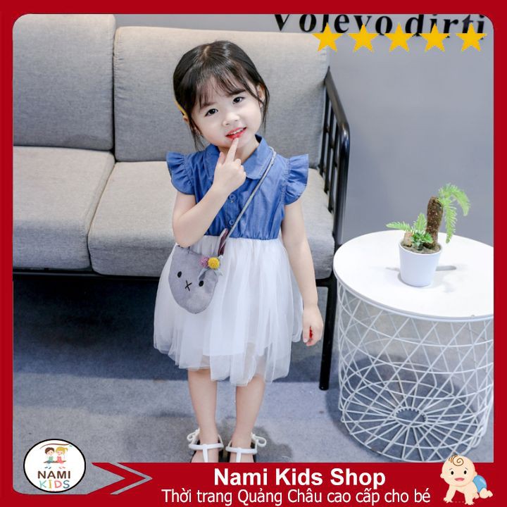 [300:H19] Váy bé gái chất denim phối voan tặng phụ kiện túi thỏ cute cho bé ...