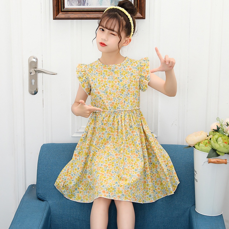 Đầm Công Chúa Mùa Hè Dáng Chữ A Sát Nách Cổ Tròn Phối Ren Hoa Dễ Thương Cho Bé Gái