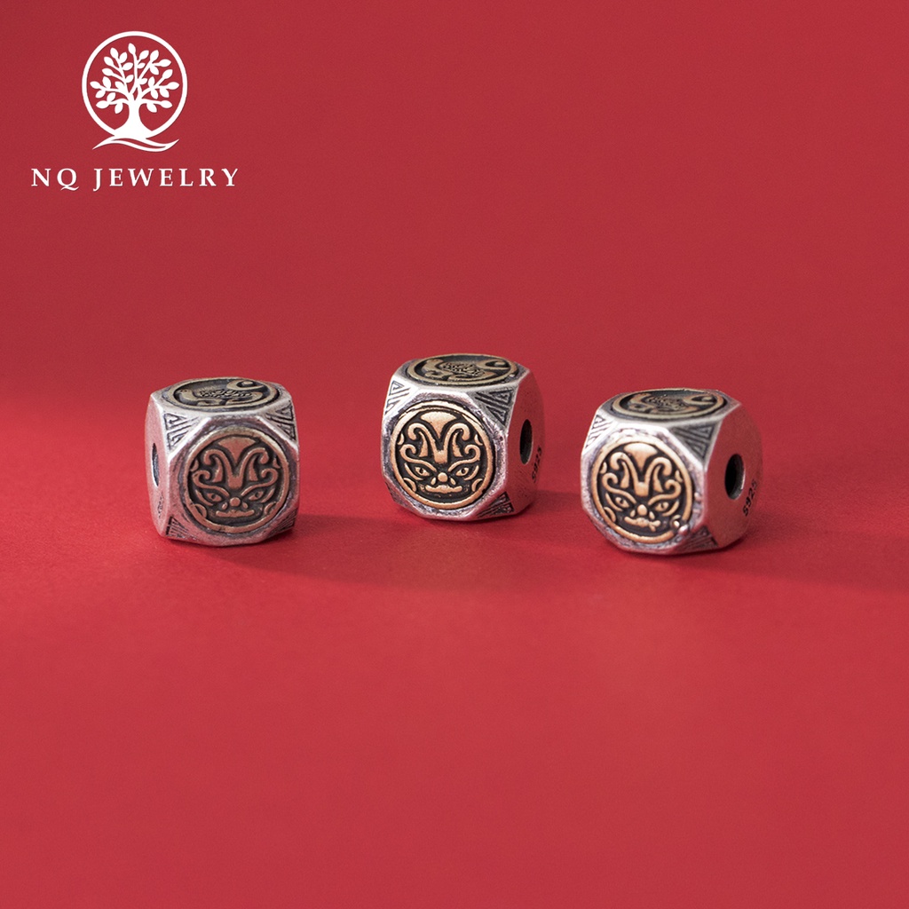 Charm bạc khối lập phương họa tiết tứ linh thần thoại xỏ ngang - NQ Jewelry