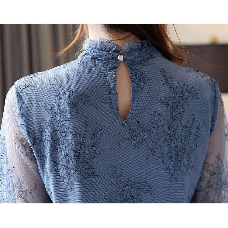 Korean Elegant Lace Ruffle Office Blouse Women Autumn Long Sleeve Stand Collar Top Blue | BigBuy360 - bigbuy360.vn