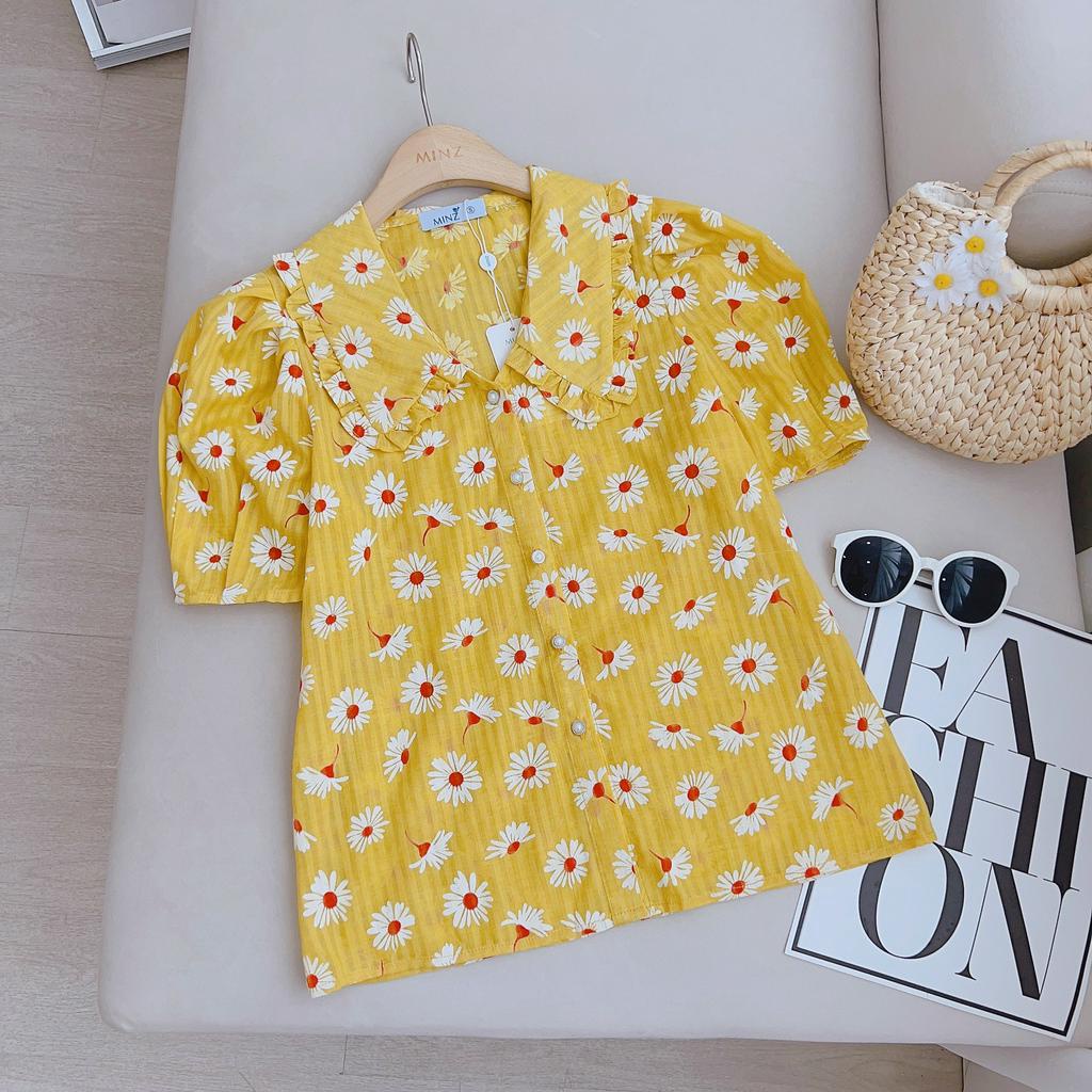 Áo Sơ Mi Thô Hoa MINZ STORE Mã 3859, Thiết Kế Cổ Sen Viền Bèo