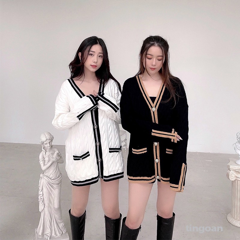 Áo khoác len cardigan đen viền nâu tingoan AMANDA CARDIGAN/BL | BigBuy360 - bigbuy360.vn