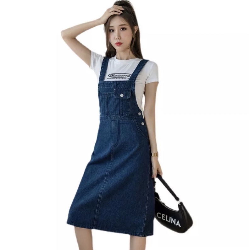 (40-67kg)Yếm Váy Jeans, Yếm Váy Bò Dáng Dài Kèm Áo Thun Phong Các Hàn Quốc