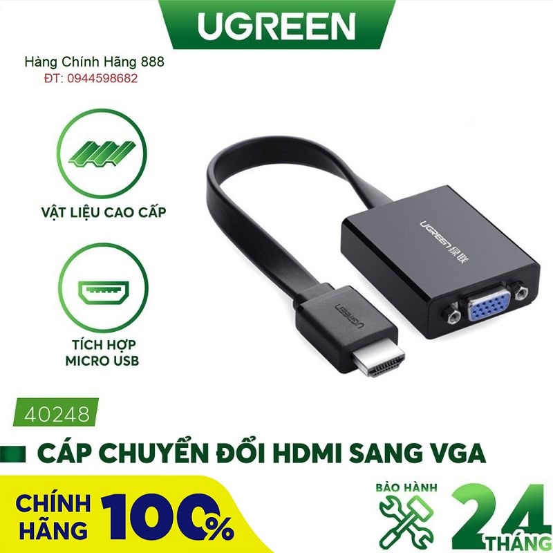 ♕▲Cáp chuyển đổi HDMI to VGA dẹt có Audio Ugreen 40248 cao cấp - Hàng Chính hãng bảo hành 18 tháng