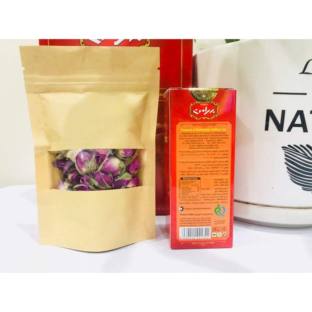 [BIG SALE MUA 1 TẶNG 1] Hộp 01g Nhụy Hoa Nghệ Tây Saffron Negin Thương Hiệu Bahraman Của Iran + 30g nụ hồng khô Iran