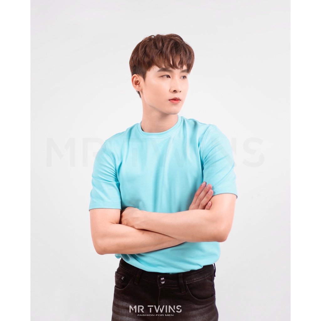 Áo thun Nam cổ tròn xanh thiên thanh 100% Cotton thương hiệu Mr Twins
