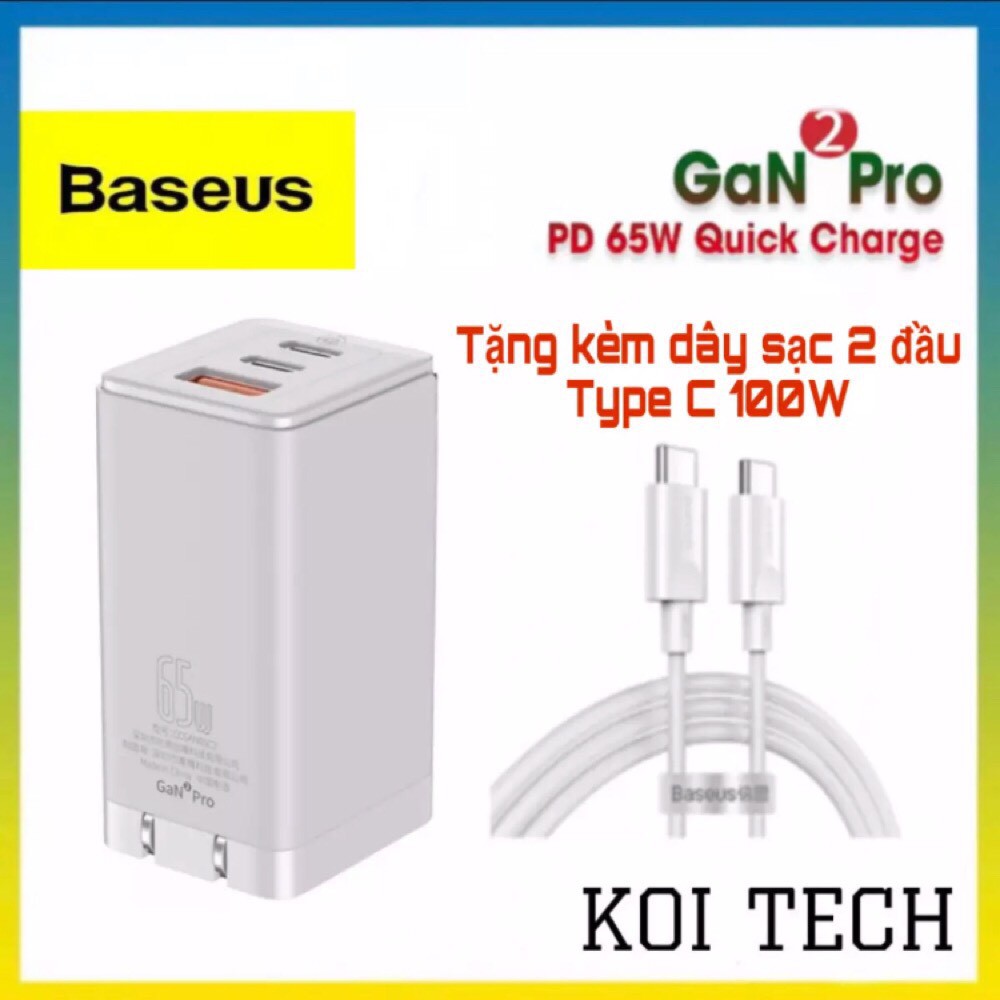 Củ sạc nhanh 100w 3 cổng baseus gan2 pro kèm dây sạc type c  - cốc sạc kèm cáp sạc baseus