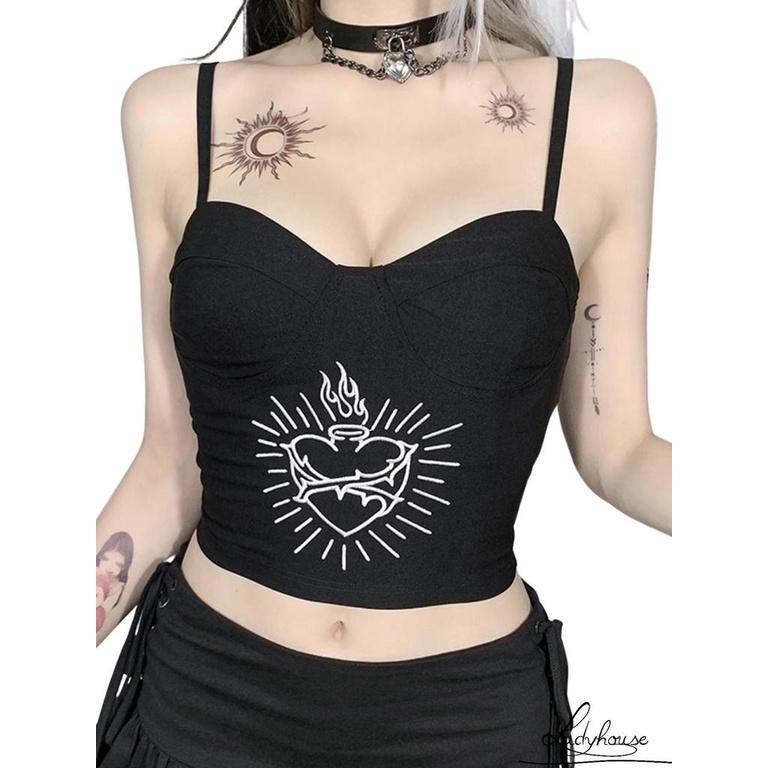 Áo croptop không tay vải nhung phối ren màu đen phong cách gothic punk dành cho nữ